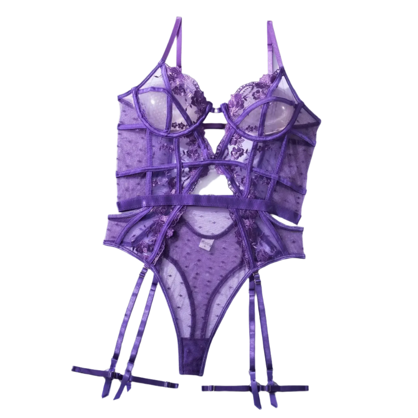 Purple lingerie set with matching garters on a white background