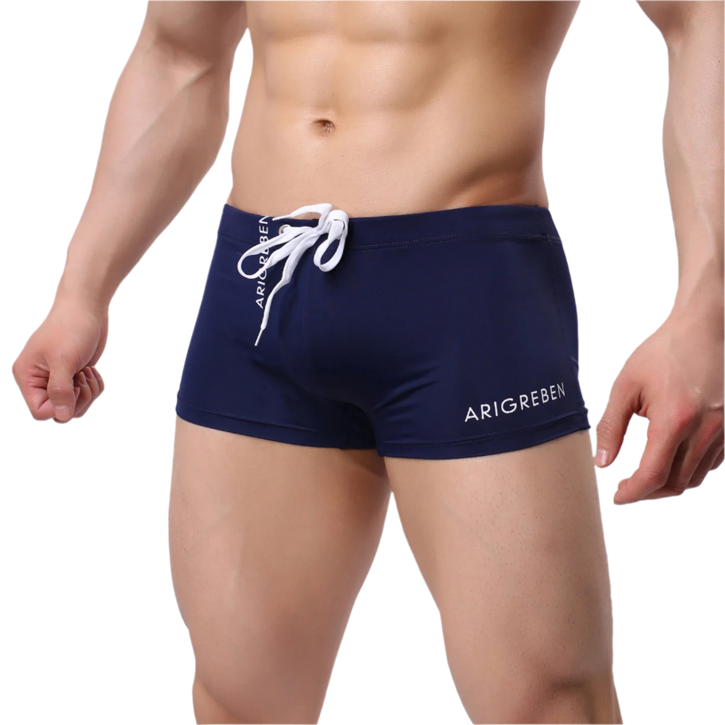 swim trunks with white drawstring and 'ARIGREBEN' branding