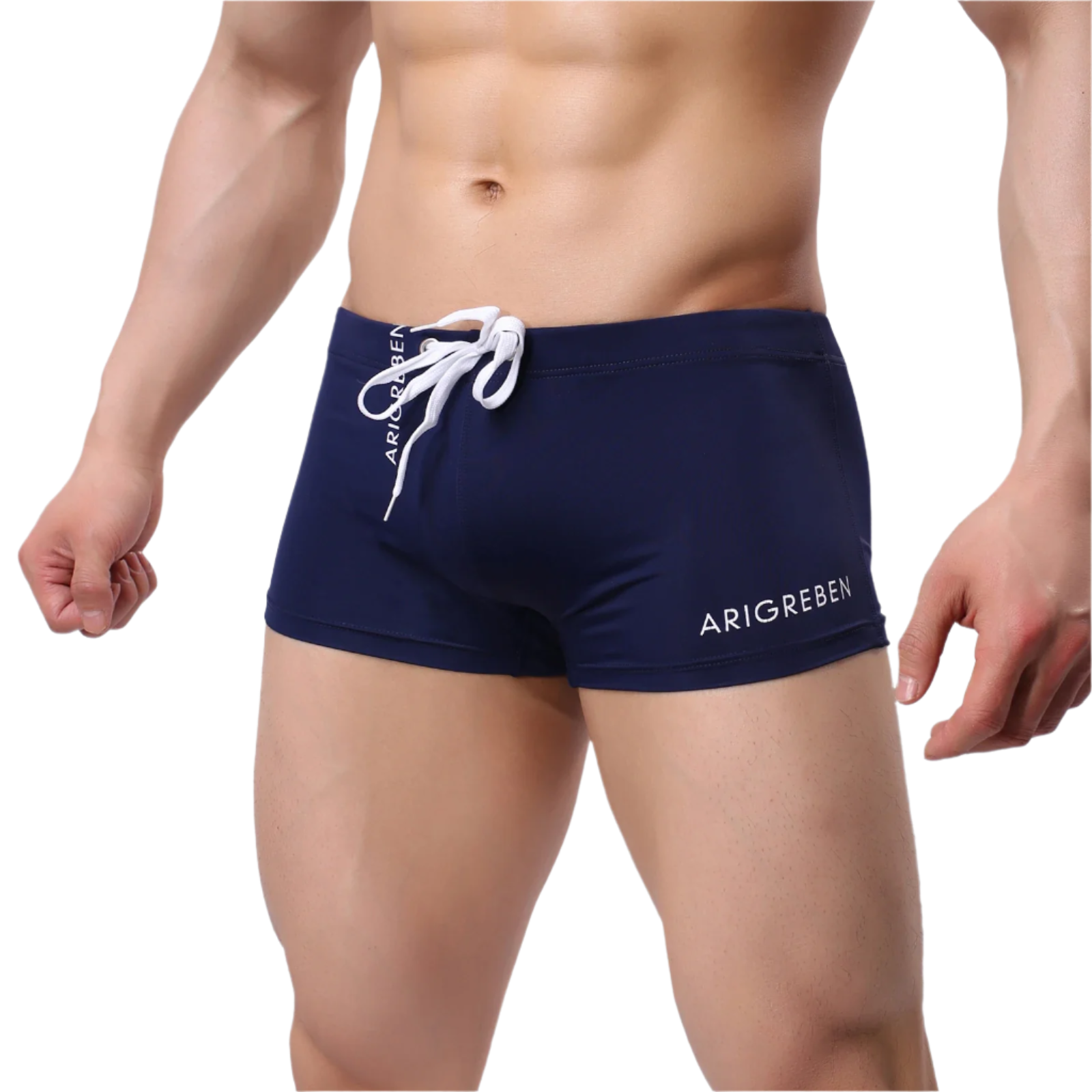 swim trunks with white drawstring and 'ARIGREBEN' branding