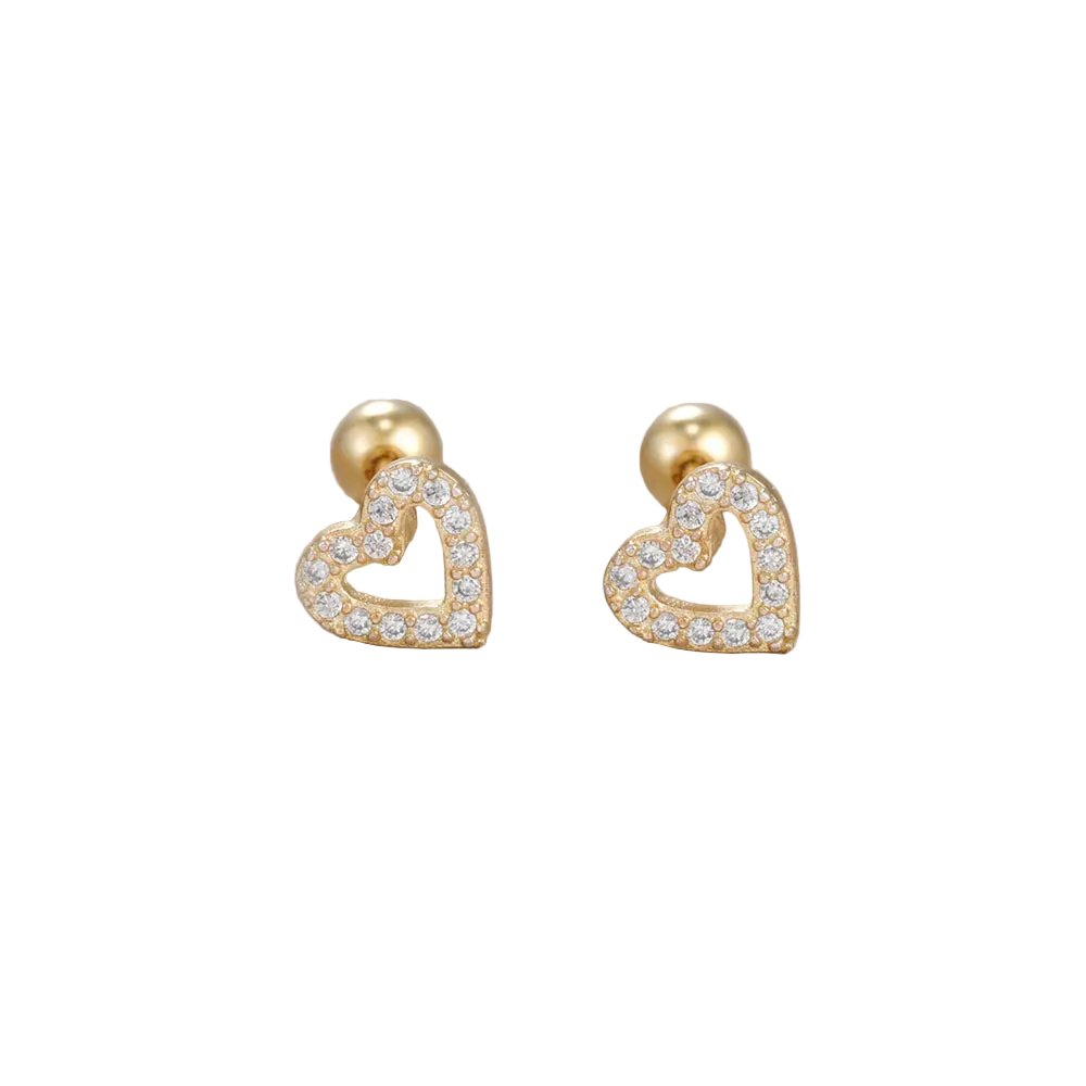Heart-shaped gold earrings with clear stones on a beige background