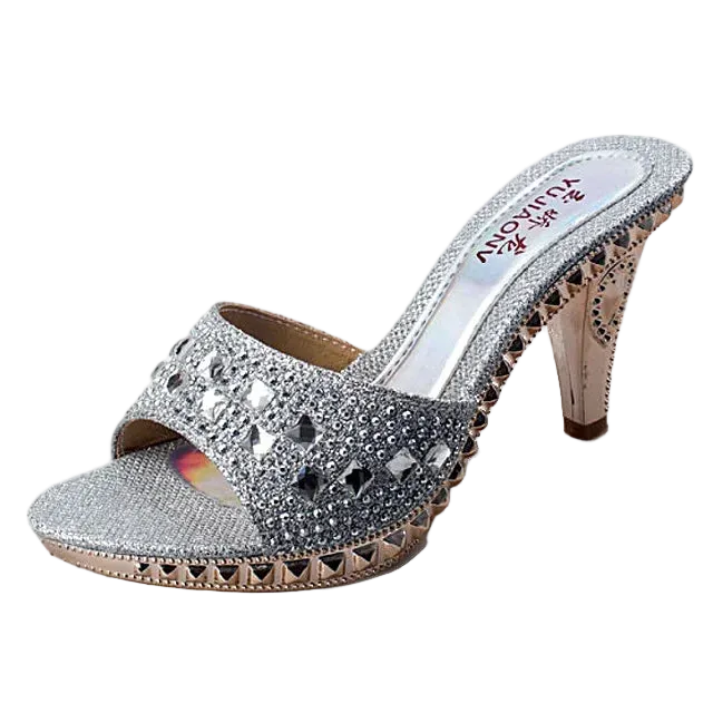 Silver high-heeled sandal with rhinestone embellishments on a white background