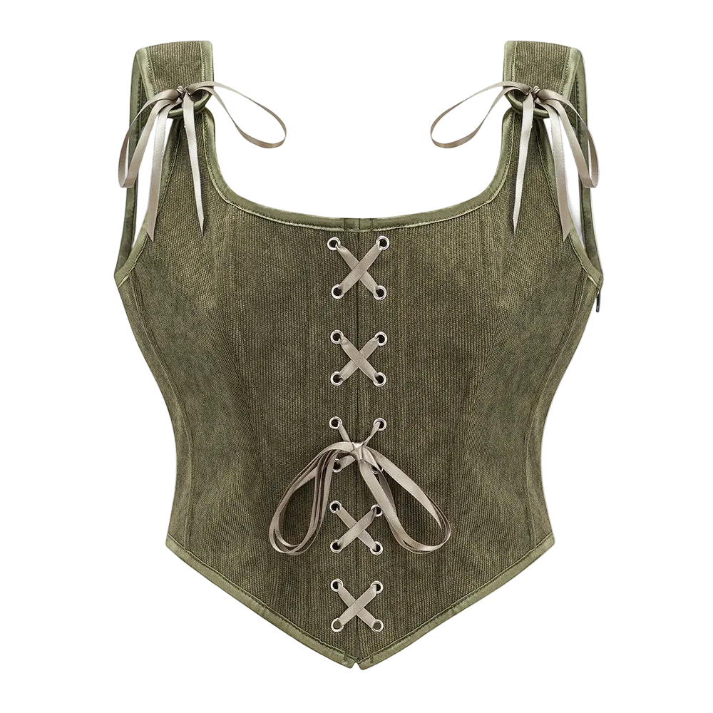Green corset with lace-up front and ribbon straps on a white background