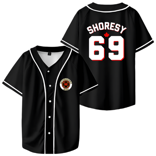 Black baseball jersey with 'SHORESY 69' printed on the back and emblem on the front