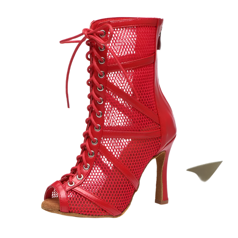 Red mesh ballroom dancing boots with fish mouth design stiletto heels and adjustable instep zip perfect for salsa dance performances and resort entertainment
