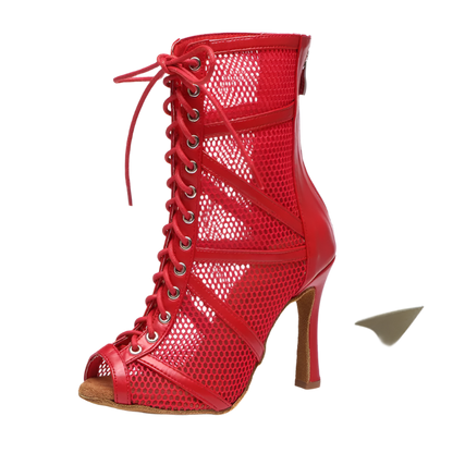Red mesh ballroom dancing boots with fish mouth design stiletto heels and adjustable instep zip perfect for salsa dance performances and resort entertainment
