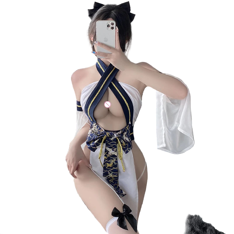 Person wearing a revealing outfit with a white robe and black hair bow, taking a mirror selfie.