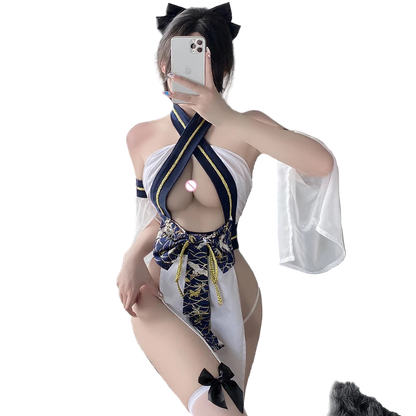 Person wearing a revealing outfit with a white robe and black hair bow, taking a mirror selfie.