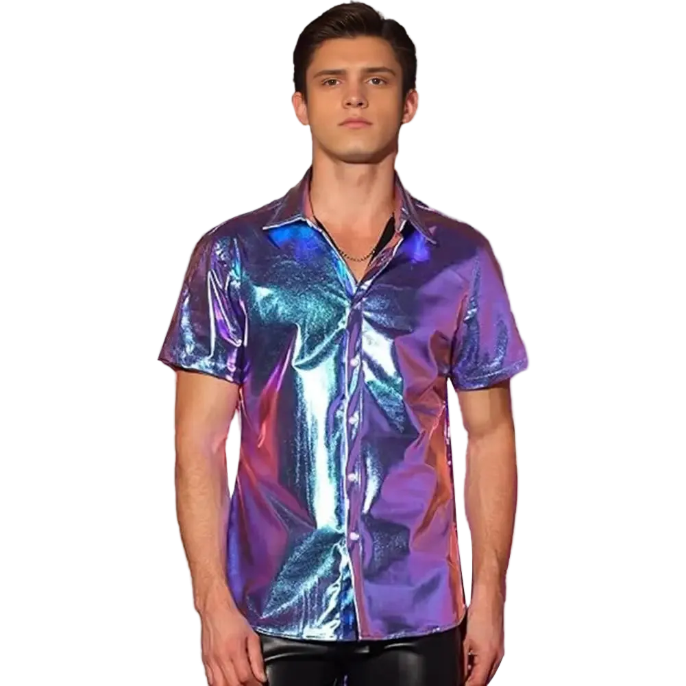 Man wearing a reflective, multicolored shirt on a white background