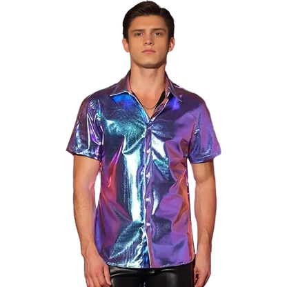 Man wearing a reflective, multicolored shirt on a white background