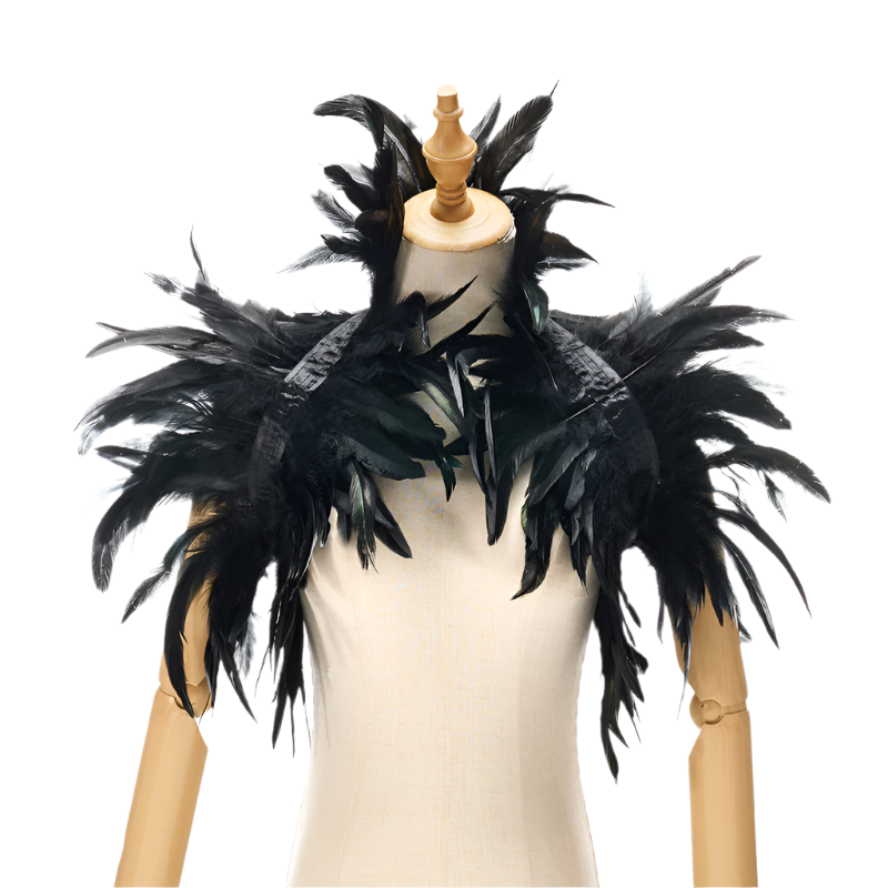  Feather Shoulder Piece: A vibrant feather shoulder piece displayed on a mannequin, with black accents and a striking, textured design.