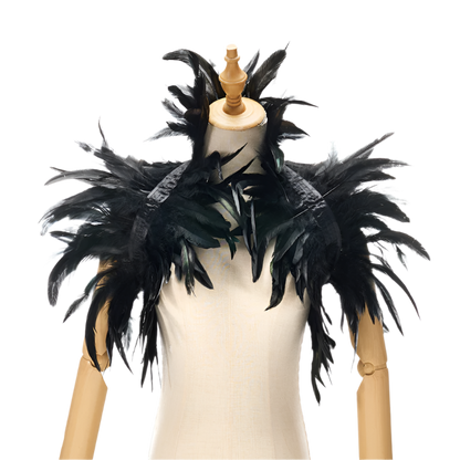  Feather Shoulder Piece: A vibrant feather shoulder piece displayed on a mannequin, with black accents and a striking, textured design.