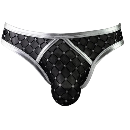 Black mesh men's thong underwear with silver trim and rhinestone accents, displayed on a white mannequin torso against a white background.