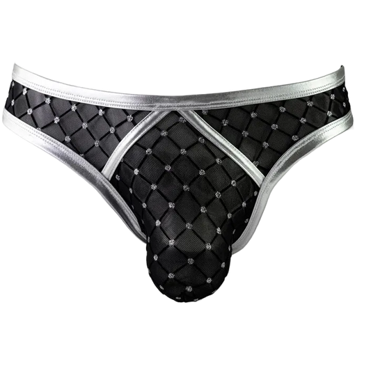 Black mesh men's thong underwear with silver trim and rhinestone accents, displayed on a white mannequin torso against a white background.