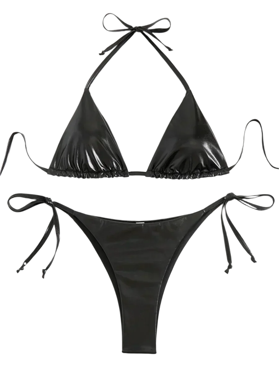 A shiny, iridescent bikini in shades of black  It features a classic triangle top and tie-side bottoms, creating a vibrant and eye-catching beachwear style.