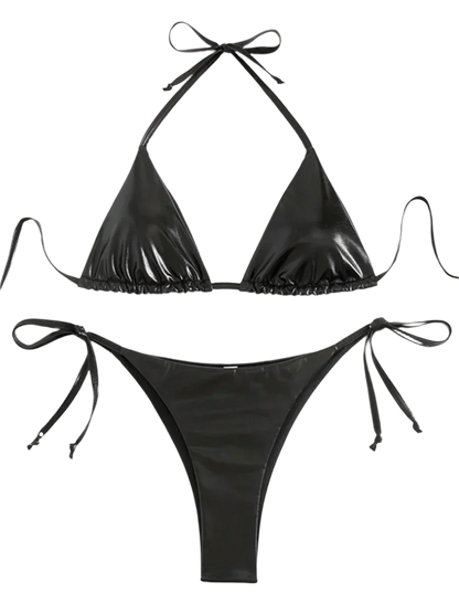 A shiny, iridescent bikini in shades of black  It features a classic triangle top and tie-side bottoms, creating a vibrant and eye-catching beachwear style.