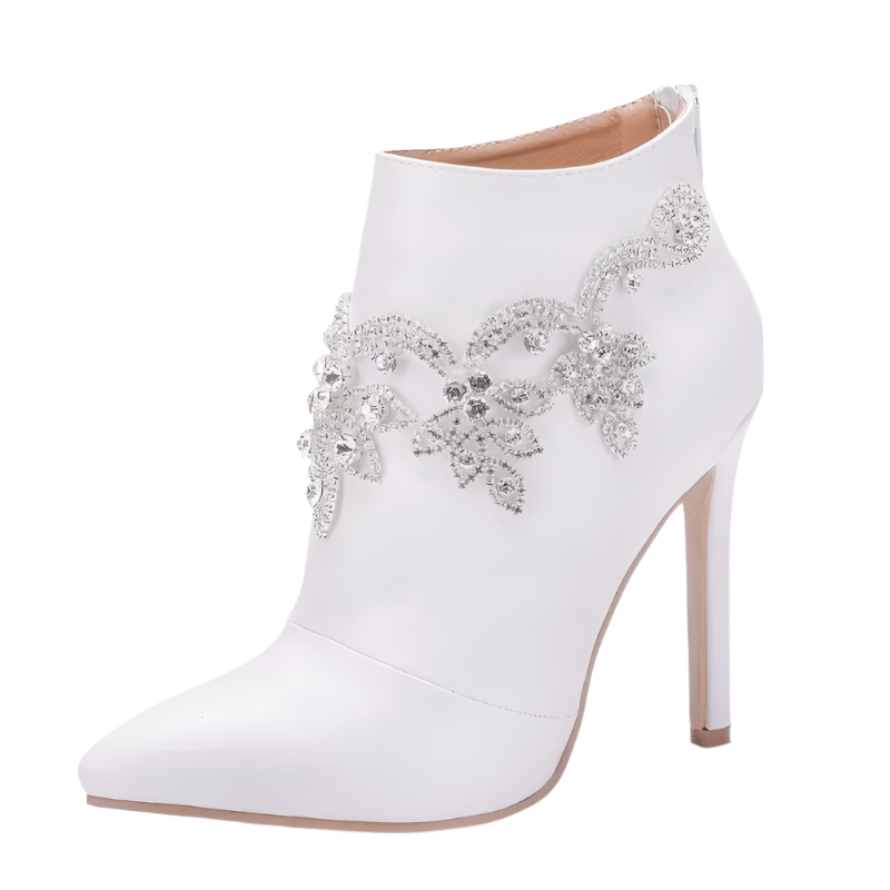 Elegant white ankle boots with rhinestone details and 11CM thin heel - perfect for resort evenings

