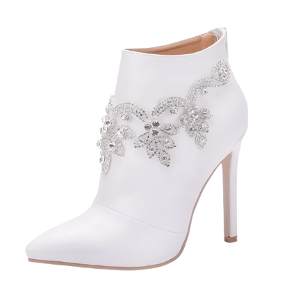 Elegant white ankle boots with rhinestone details and 11CM thin heel - perfect for resort evenings

