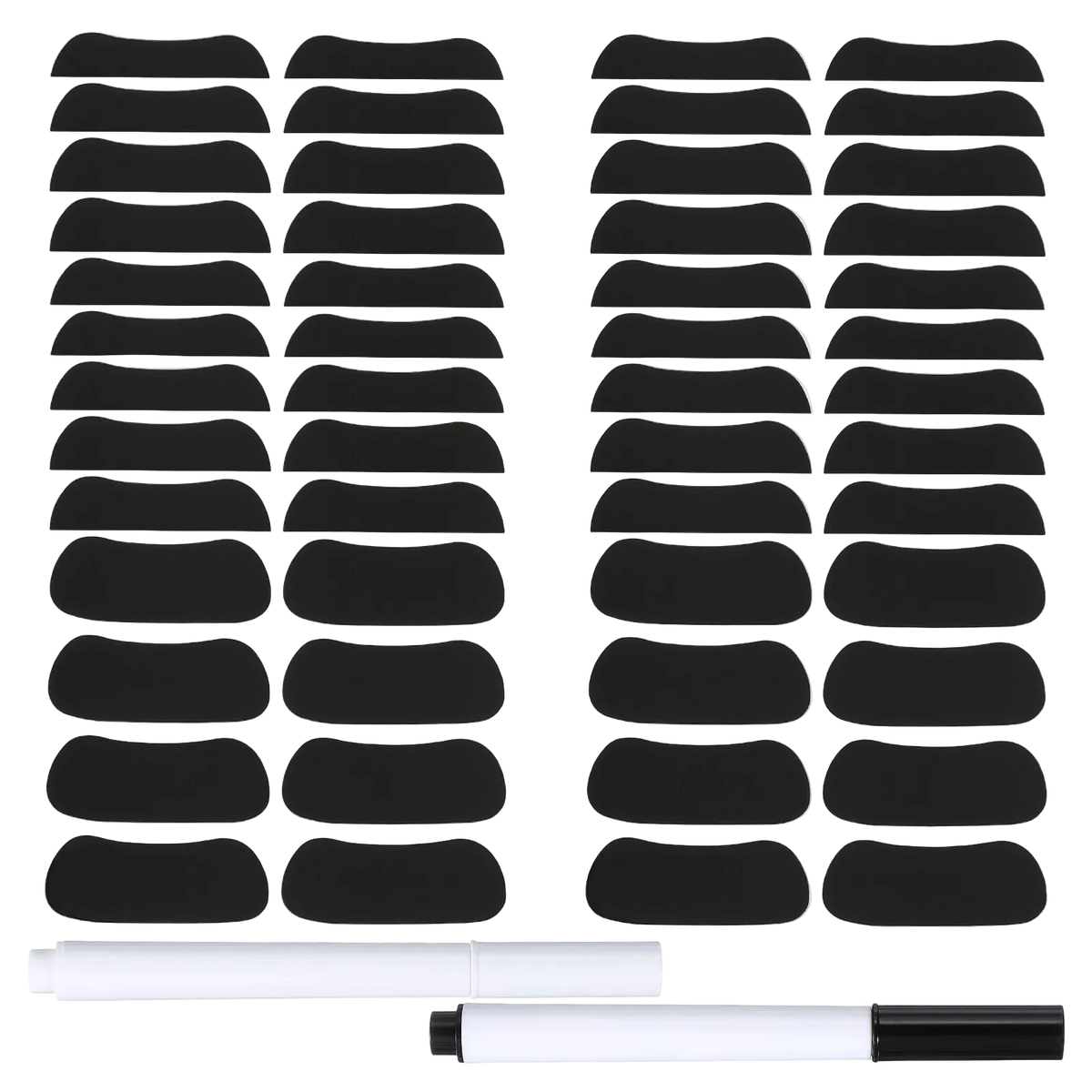 Two sheets of black curved eyelash adhesive patches shown on a white background, with two white-and-black markers placed below the sheets.
