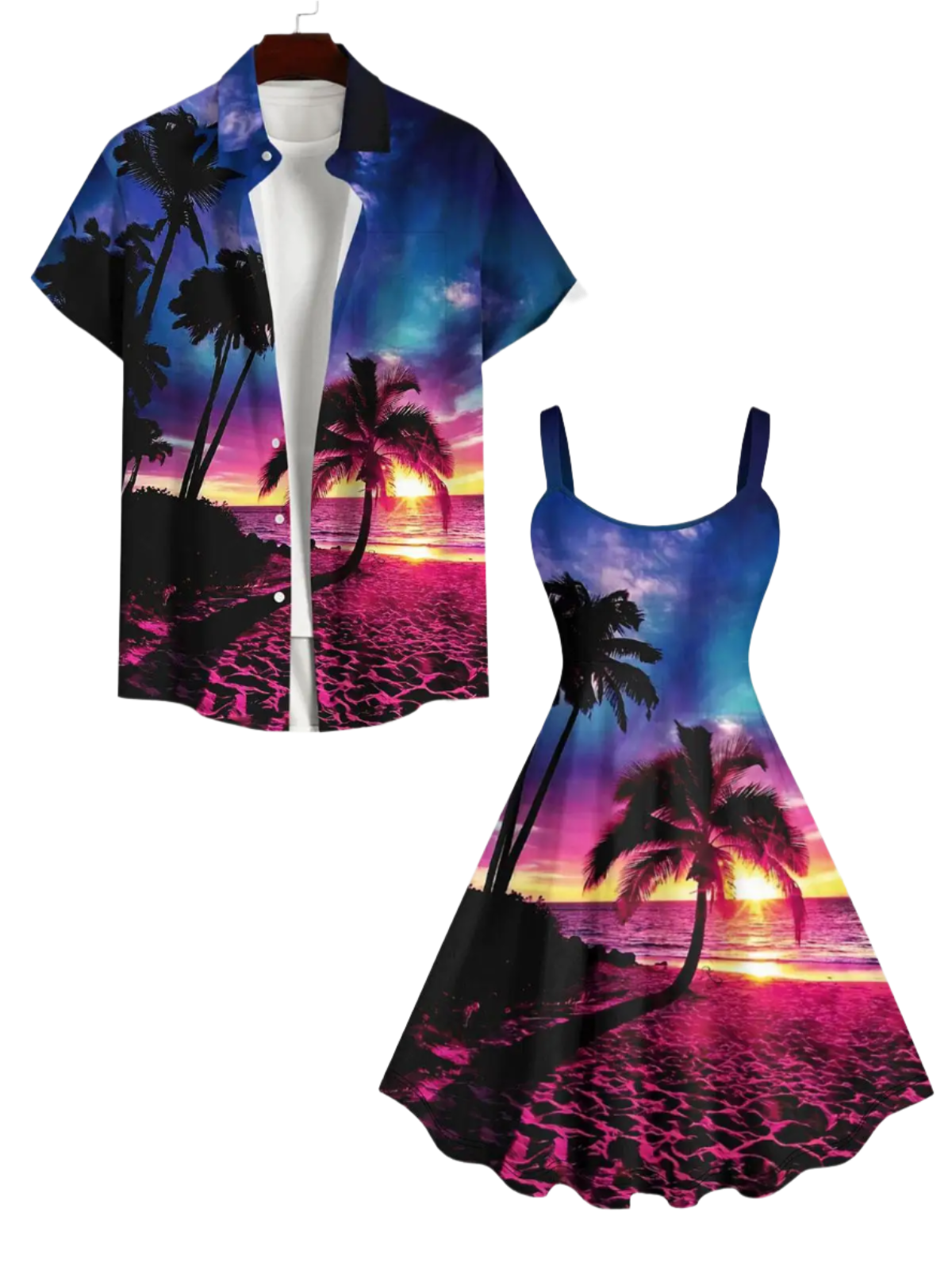 Coconut Tree Sea Beach Dusk Sun Ombre Sky Print Plus Size Matching Hawaii Beach Outfit For Couples