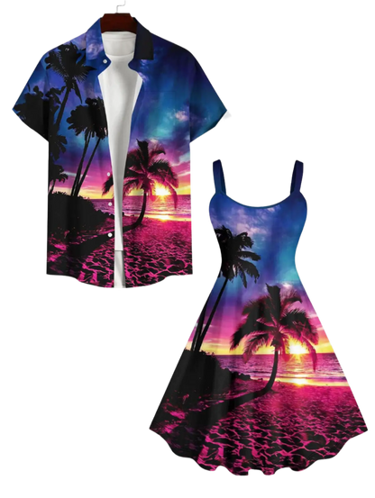 Coconut Tree Sea Beach Dusk Sun Ombre Sky Print Plus Size Matching Hawaii Beach Outfit For Couples