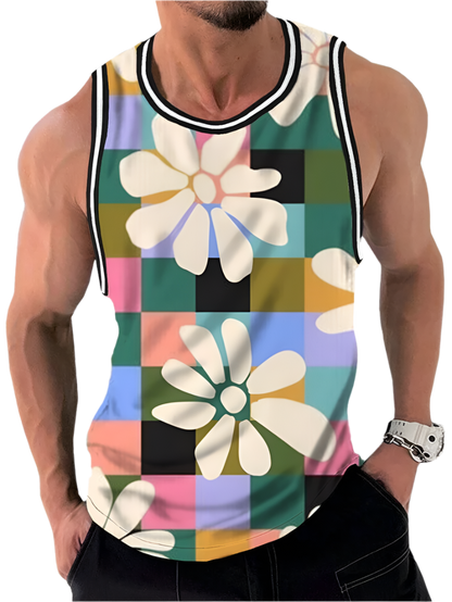 Vintage rainbow flowers 3D print tank top with unisex Y2K vacation party oversized sleeveless T-shirt vest design for resort entertainment