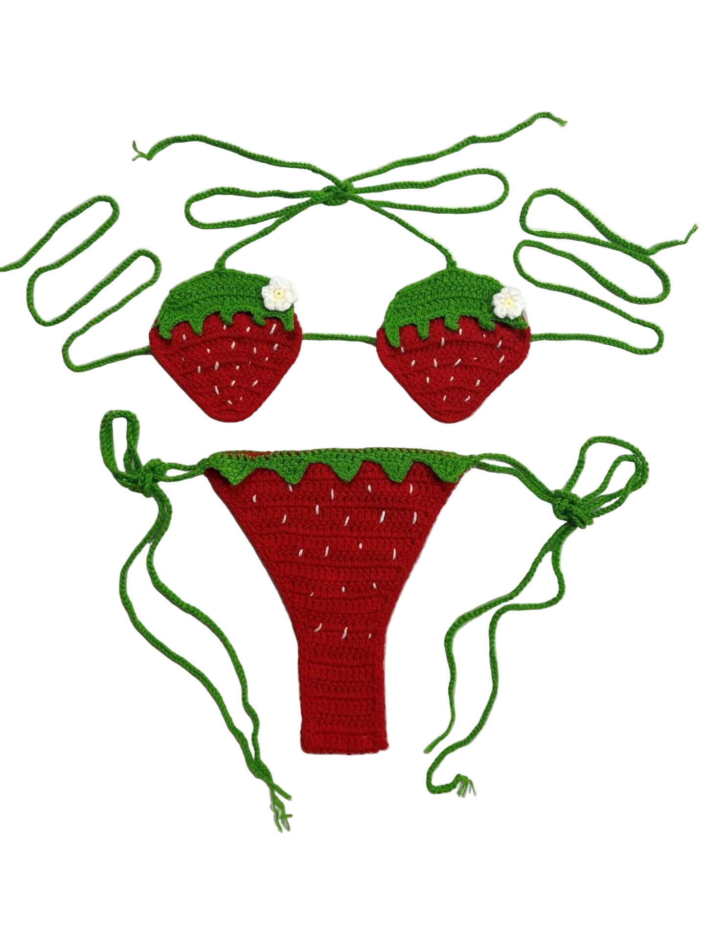 Crocheted strawberry-themed bikini set on a white background