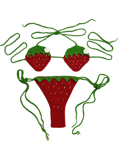 Crocheted strawberry-themed bikini set on a white background