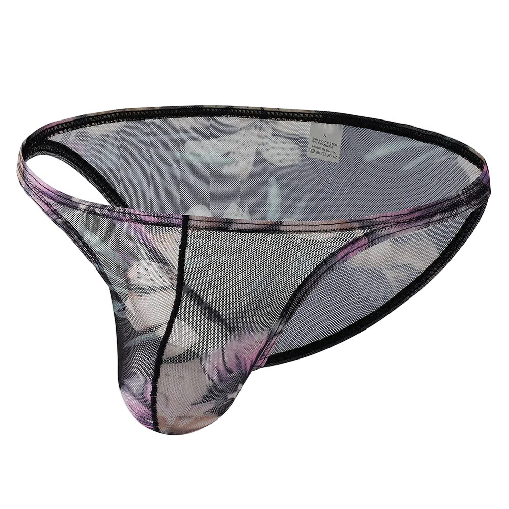 Mesh thong with floral pattern on a white background