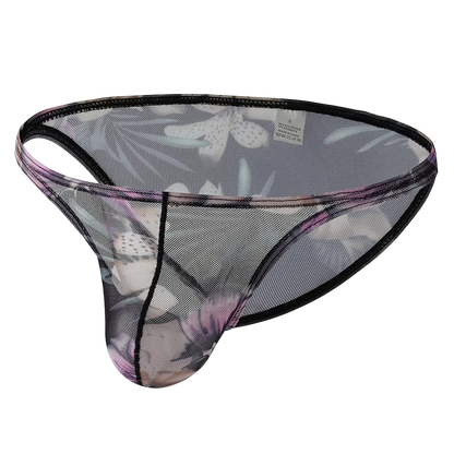 Mesh thong with floral pattern on a white background