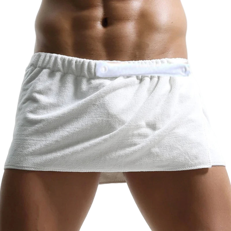 White athletic shorts worn by a person on a white background