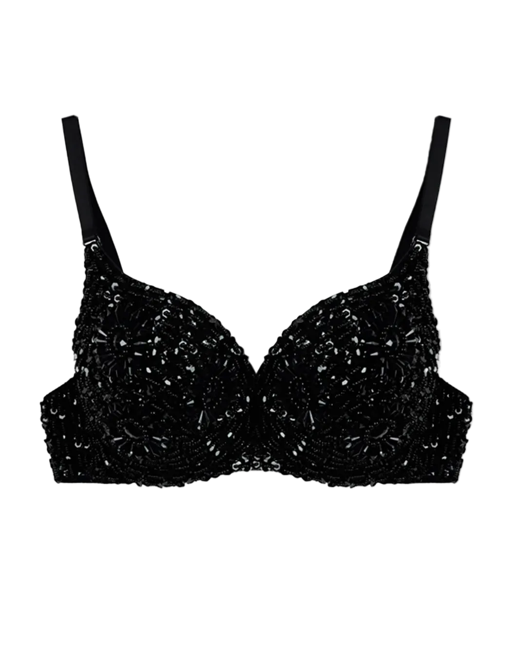 A black strappy bra with intricate beaded and sequined detailing on the cups, presented flat against a solid white background.
