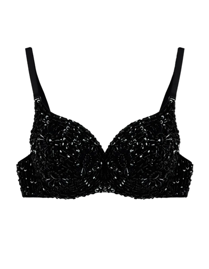 A black strappy bra with intricate beaded and sequined detailing on the cups, presented flat against a solid white background.