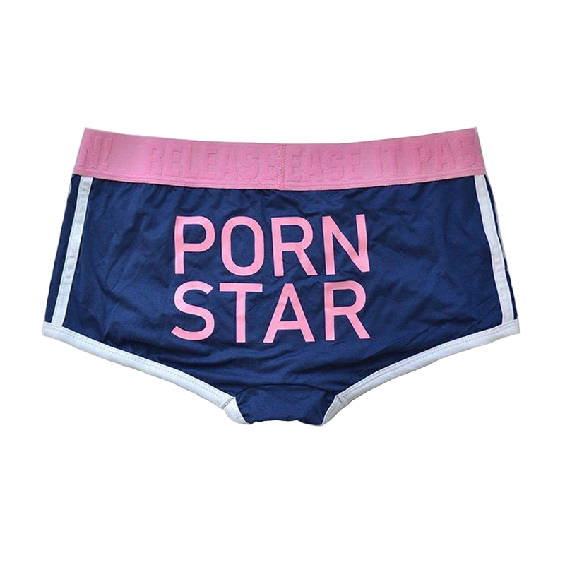 Navy blue underwear with pink 'Porn Star' text on a white background
