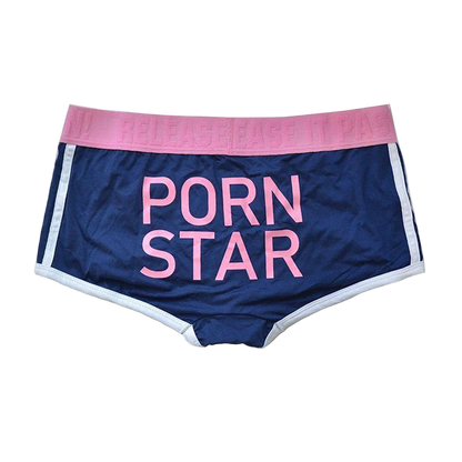 Navy blue underwear with pink 'Porn Star' text on a white background