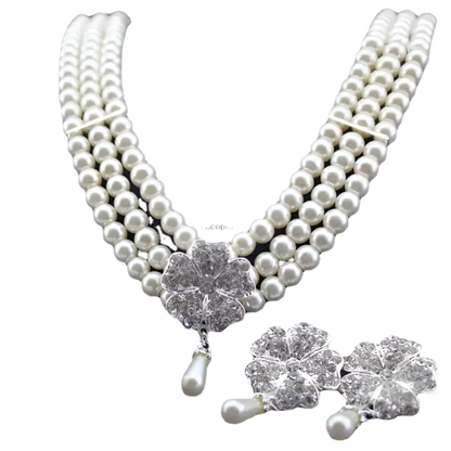 Luxury pearl and rhinestone jewelry set combining flapper and Audrey Hepburn styles for resort theme nights and bridal events

