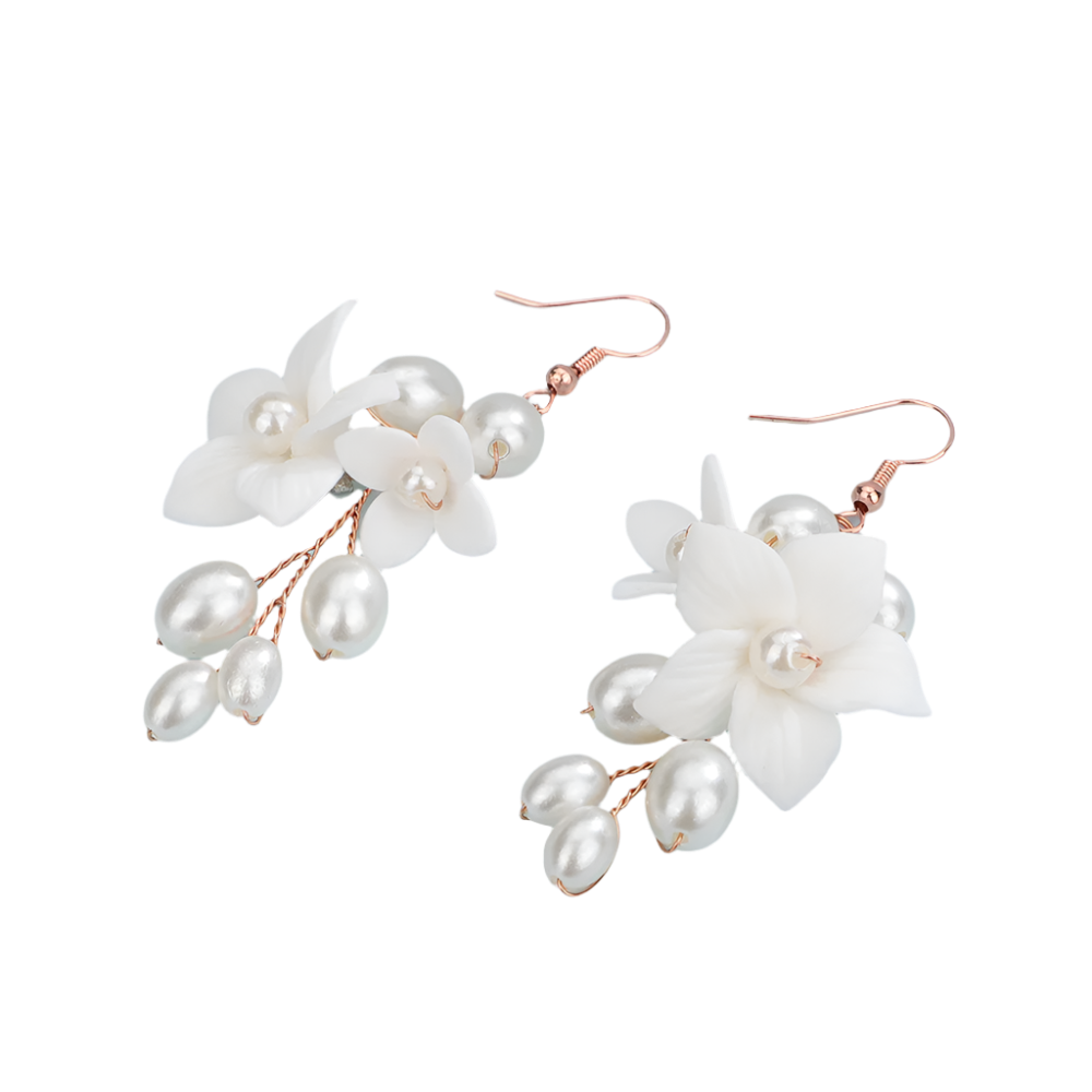 legant rose gold ceramic flower pearl earrings with matching headwear - perfect for resort weddings and romantic occasions