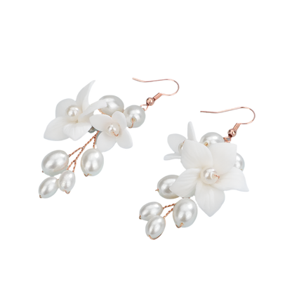 legant rose gold ceramic flower pearl earrings with matching headwear - perfect for resort weddings and romantic occasions