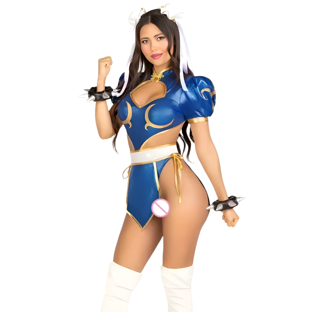 Street Fighter 4-piece anime costume set with headpiece for resort gaming nights

