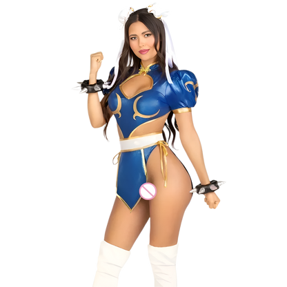 Street Fighter 4-piece anime costume set with headpiece for resort gaming nights

