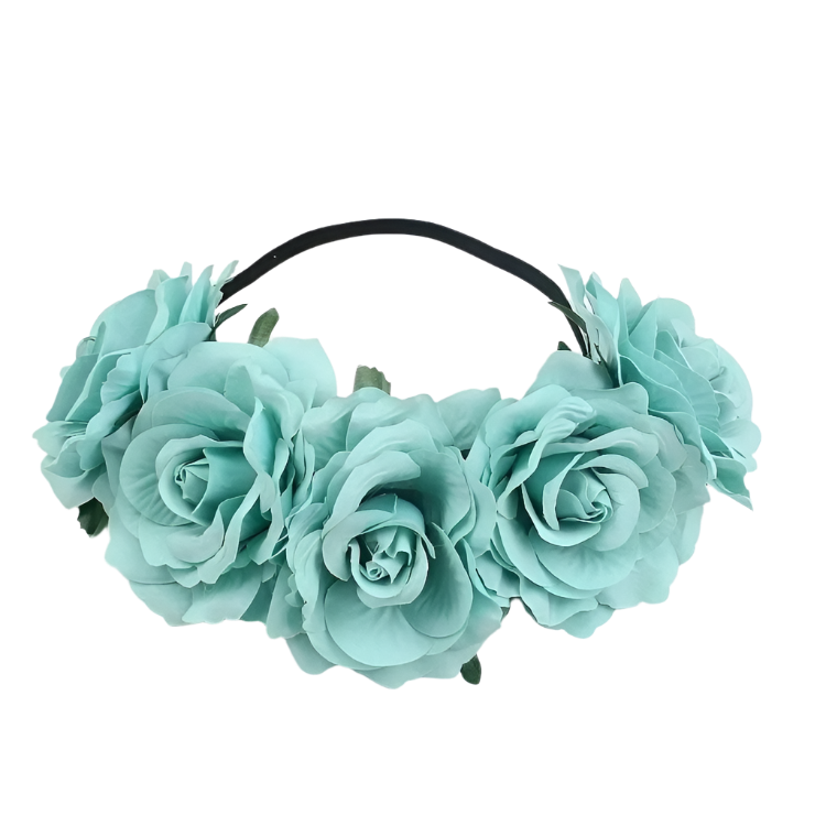 A floral headband featuring large, vibrant roses. The design is bold and romantic, perfect for a bohemian or festival look.