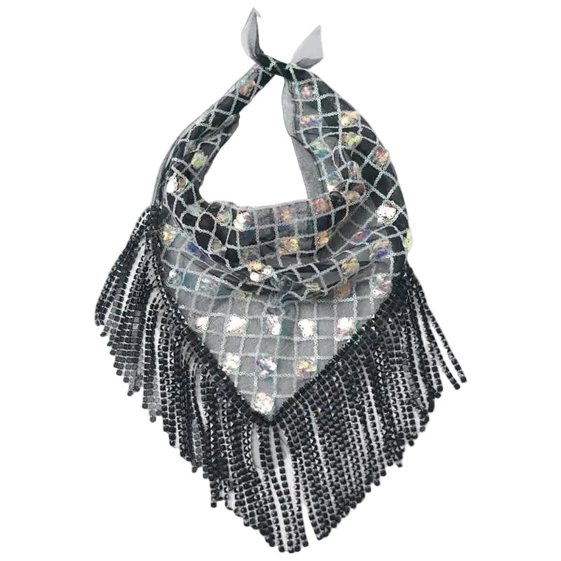 Decorative headband with rhinestone pattern and fringe on a white background