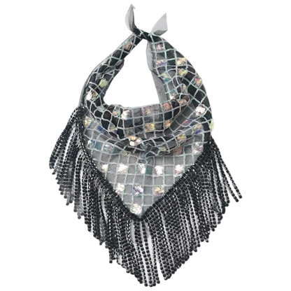 Decorative headband with rhinestone pattern and fringe on a white background