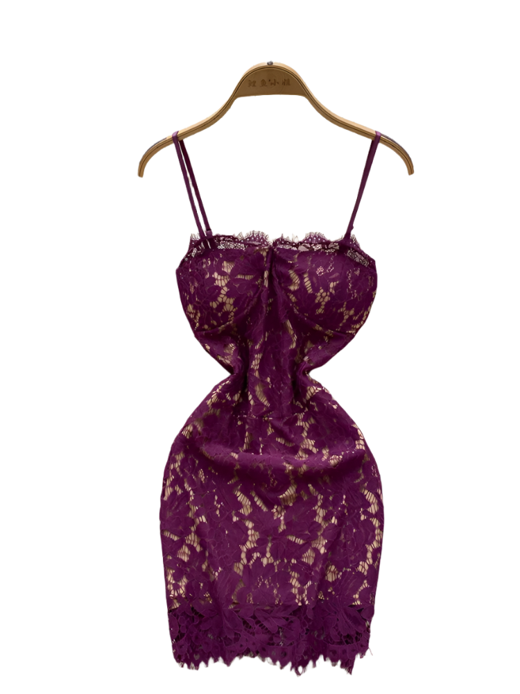 Purple lace dress on a hanger with decorative background