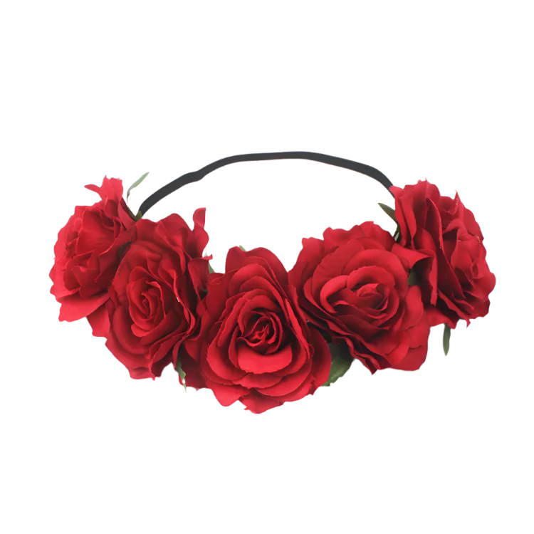 A floral headband featuring large, vibrant roses. The design is bold and romantic, perfect for a bohemian or festival look.