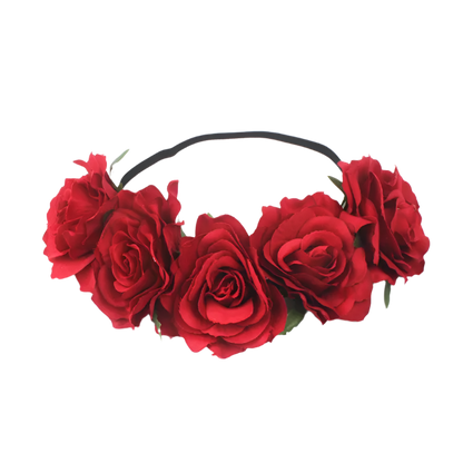 A floral headband featuring large, vibrant roses. The design is bold and romantic, perfect for a bohemian or festival look.