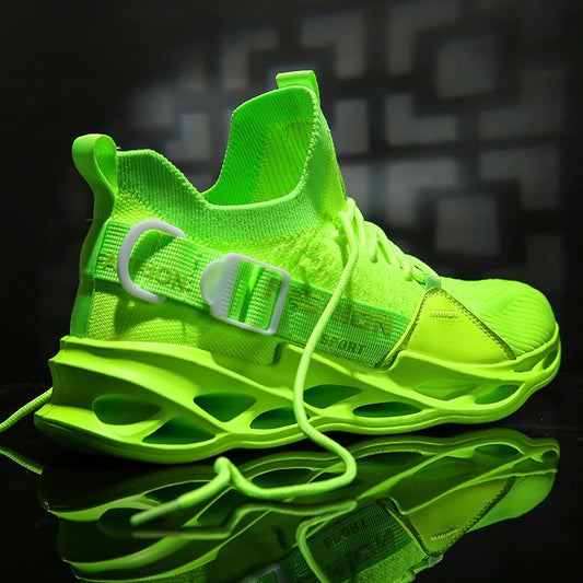 Bright neon green sneaker with a unique design and buckle detail.