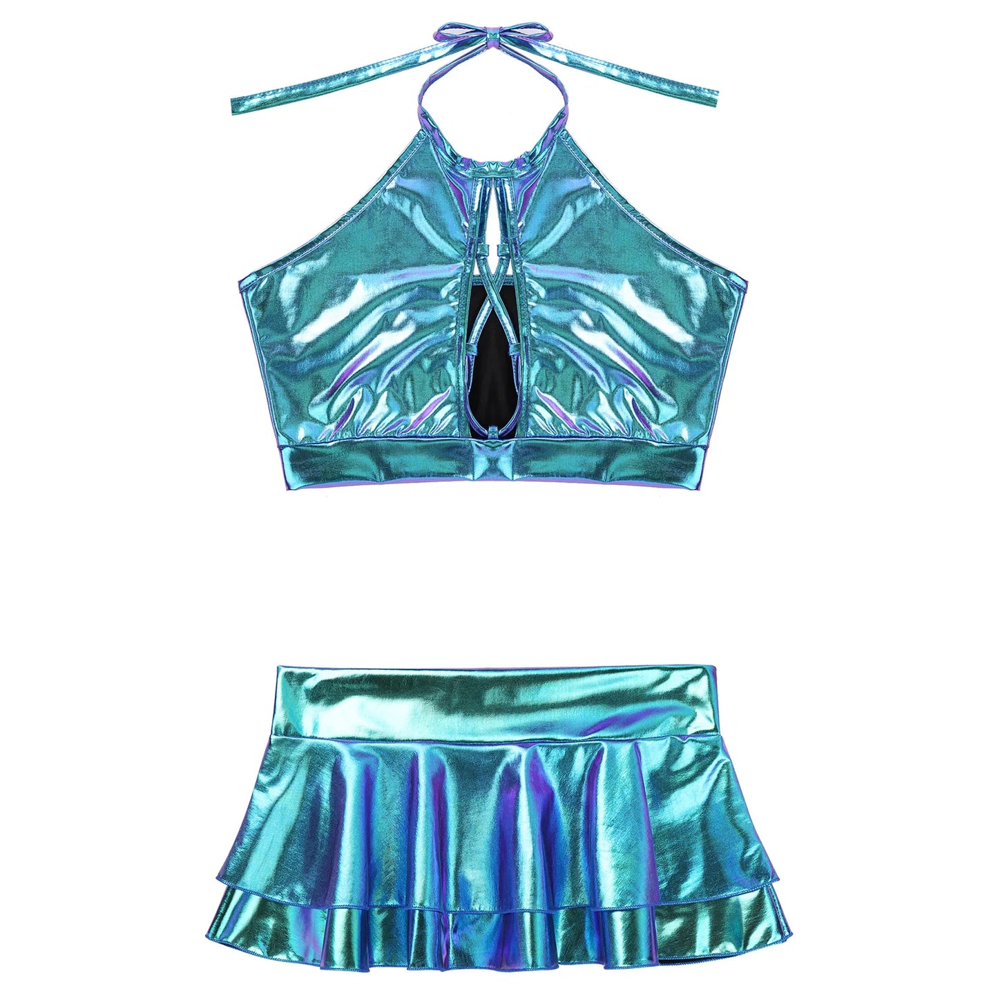 Two Piece Sets Womens Outifits Clothing Set Shiny Metallic Rave Erotic Halter Crop Top Bra Vest With Faux Leather Mini Skirt XXL