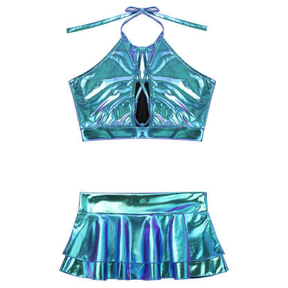 Two Piece Sets Womens Outifits Clothing Set Shiny Metallic Rave Erotic Halter Crop Top Bra Vest With Faux Leather Mini Skirt XXL