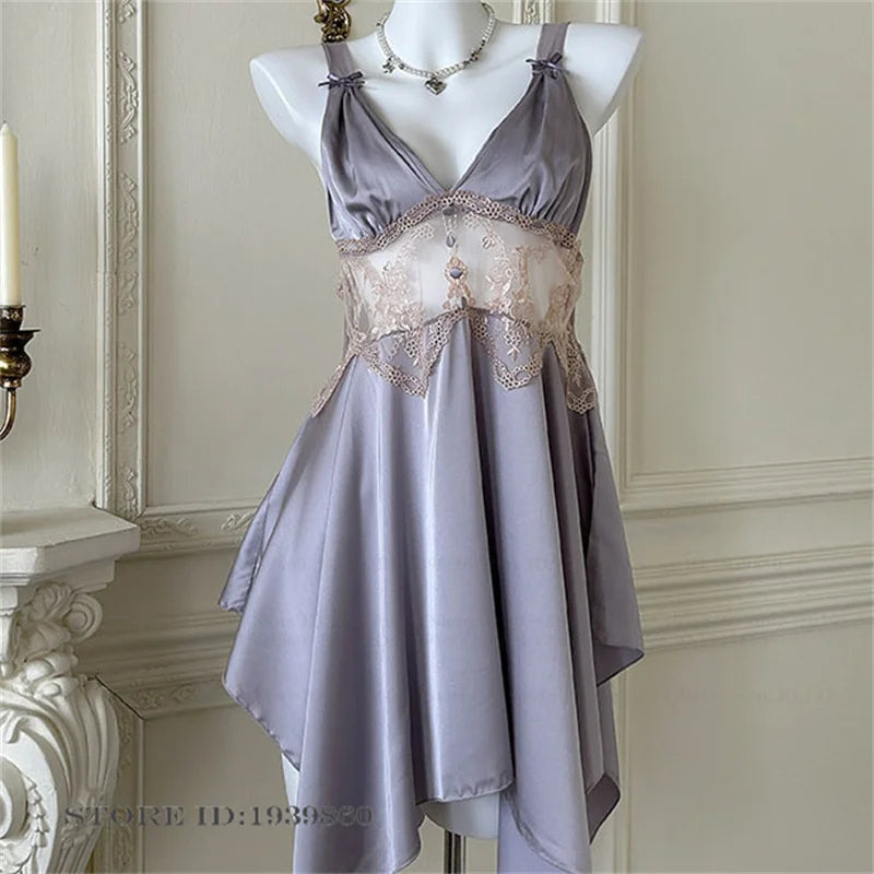 Sexy Women Lingerie Nightgown Chemise Sleepwear Patchwork Hollow Out Lace Nightdress Homeweae Summer Ice Silk Nightie Loungewear