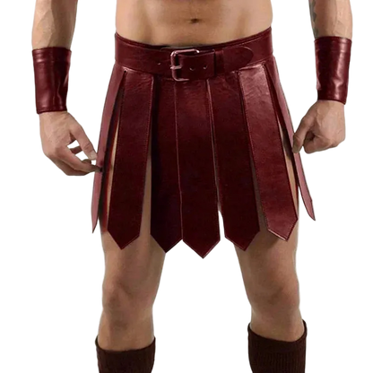 Red leather kilt worn by a person on a white background